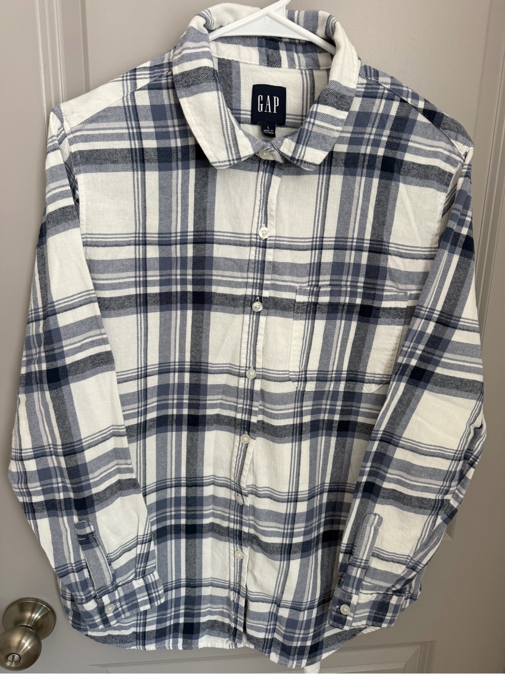 Gap Women’s L Blue White Plaid Cotton Flannel Button-Up Shirt LS Pockets